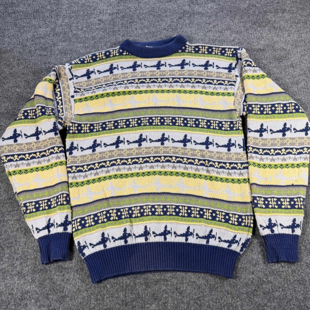Vintage 90s Doppeldecker Airplane Knit Cotton Sweater Size S Fair Isle Aviation